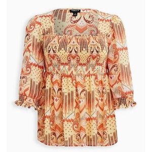 Torrid Babydoll Blouse Plus Size 1X Chiffon Smocked Yellow Orange